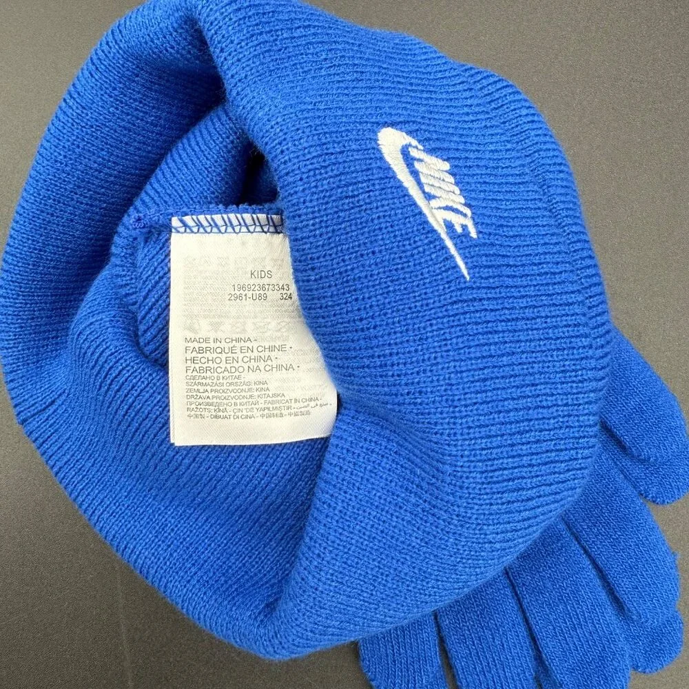 Nike Beanie & Gloves Set Kids Boys‎ Unisex Girls Logo Blue White Knit
